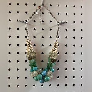 Vintage glass and turquoise cluster beaded necklace with silver chain